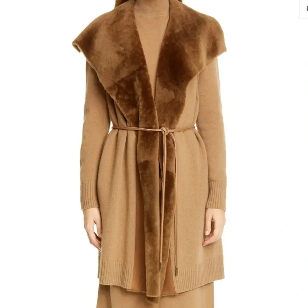NEW Lafayette 148 NY Cammello Genuine Shearling Panel Wool and Cashmere Cardigan